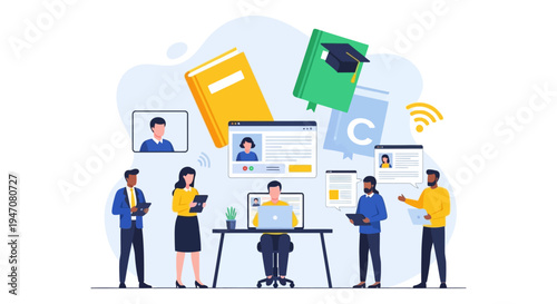 E-learning and Online Education Concept. Digital Classroom, Distance Learning, and Remote Training Illustration with Diverse Students.