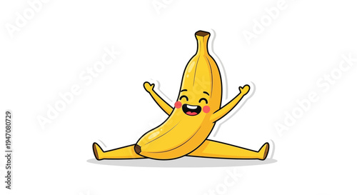 Happy Banana Character with Arms Raised, Sitting in Split Pose