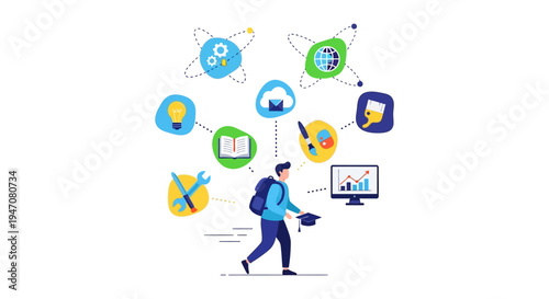 Lifelong Learning and Skill Acquisition Concept. Student surrounded by diverse knowledge icons: Technology, Business, Education, and Creativity.