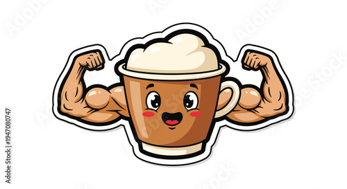 Funny Coffee Cup with Muscular Arms Flexing Biceps, Cartoon Style