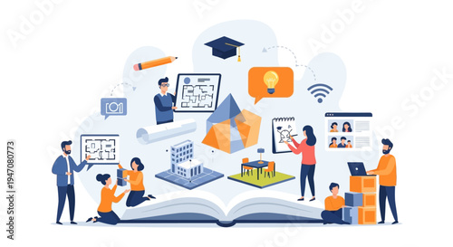 Knowledge, Architecture, and Design Education Concept. Teamwork, Innovation, and Creative Planning Emerging from an Open Book.