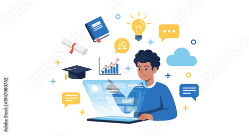 Digital Learning and Education Technology: Student Interacting with Holographic Interface, E-learning Platform, Knowledge Management, Online Course Development