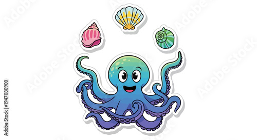 Cute Cartoon Octopus Juggling Seashells