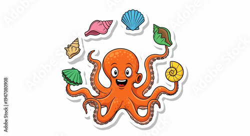 Happy Orange Octopus Surrounded by Colorful Seashells