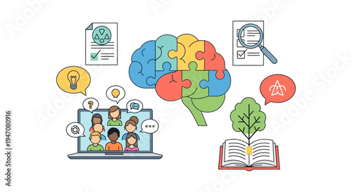 Collaborative Brainstorming and Holistic Learning Concept. Puzzle Brain, Online Meeting, Education, Knowledge Growth, and Strategic Research.