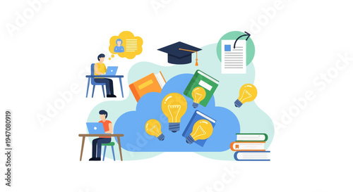Digital E-Learning Knowledge Concept. Students remotely studying, generating ideas (lightbulbs) from books and cloud data, aiming for graduation.