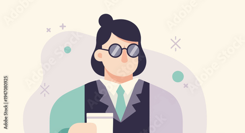 Flat vector illustration of a person in a suit and glasses, holding paper