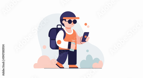 A person with a backpack, phone, and drink, walking outdoors