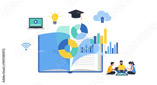E-Learning, Data Analysis, and Education Technology Concept. Collaborative Research and Business Intelligence Training Vector Illustration with Charts, Open Book, and People.
