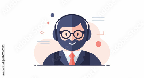 Friendly bearded man with glasses and headphones, in a suit and tie