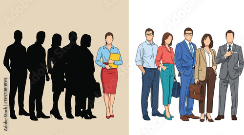 Comparison of professional silhouettes and colorful business people, workplace diversity illustration highlighting individuality, teamwork, corporate attire, and office culture for design, edu