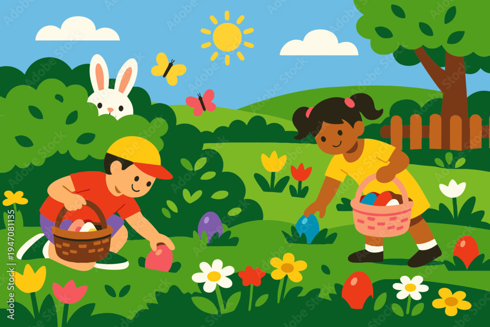 Obraz premium Easter Sunday Egg Hunt in Garden with Hidden Eggs and Excited Children