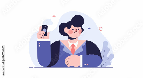 A stylized person in a suit holds a smartphone, with abstract shapes in background