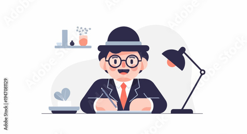 Cheerful person in hat and glasses writes at desk under lamp