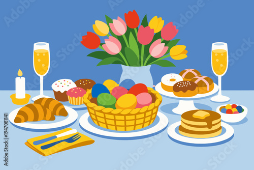 Easter Sunday Brunch Table Setting with Eggs, Tulips and Mimosa Glasses