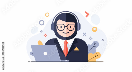 Flat illustration of a person wearing headphones and glasses at a laptop