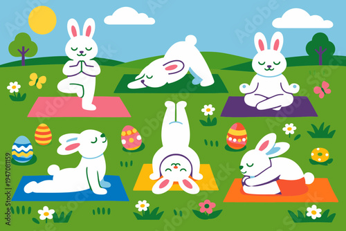 Group of Funny Easter Bunnies Doing Yoga Poses in Meadow