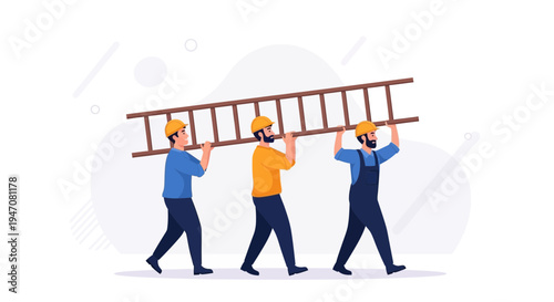 Construction workers carrying a ladder together, teamwork and collaboration concept