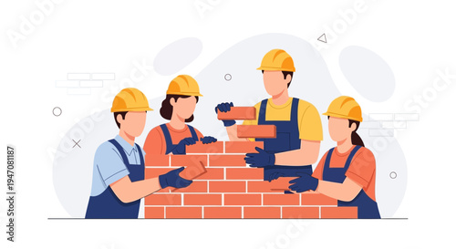 Construction workers building a brick wall together, teamwork and collaboration concept