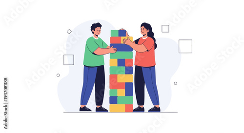 Teamwork building tower blocks, strategy and collaboration concept