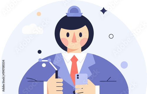 Flat illustration of a professional with a selfie stick and phone, smiling