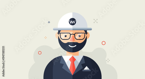 Flat illustration of a person in a hard hat, glasses, and suit