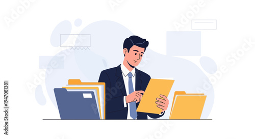 Businessman organizing files and documents in office, business concept illustration