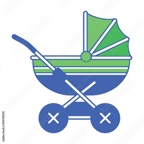 Baby stroller with green and blue stripes isolated on white background