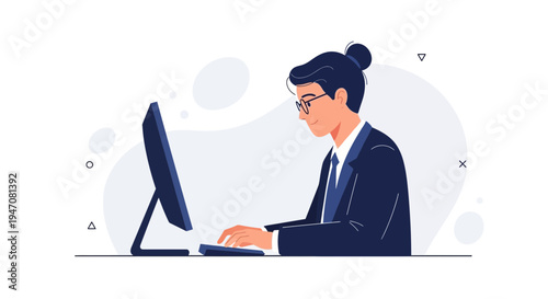 Focused Businessperson Working on Computer in Modern Office