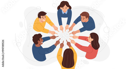 Diverse group of people pointing fingers at center, teamwork, accusation, blame, decision