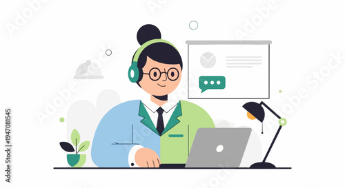 Animated person wearing headset working on laptop with presentation in background
