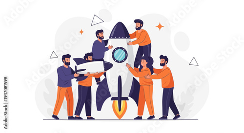 Teamwork launching rocket, startup business concept, illustration, flat design