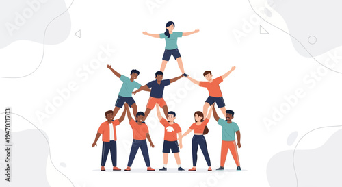 Diverse team forming human pyramid, symbolizing unity, teamwork, and success