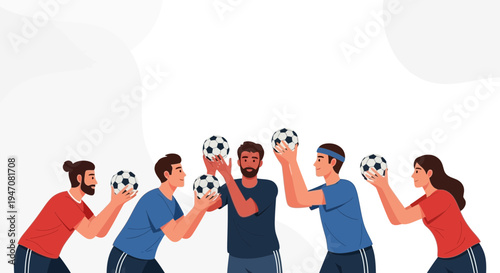 Diverse group of people playing handball, ready to throw balls, teamwork concept