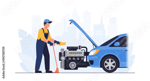 Mechanic with car and tools.