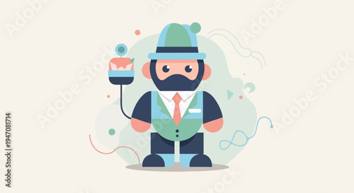 Flat illustration of a suited man with a hat, holding a dessert