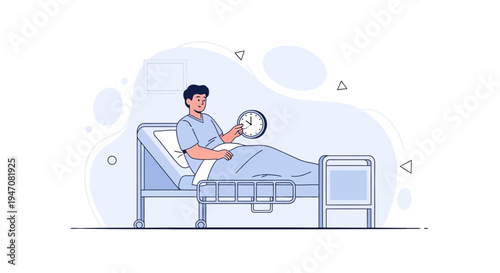 Patient in Hospital Bed Holding Clock, Waiting for Time to Pass, Recovery Concept