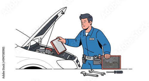 Mechanic with car and tools.