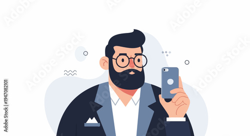Bearded man in glasses and suit takes a selfie with his smartphone