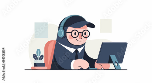 Cheerful person in headphones and glasses works on a tablet