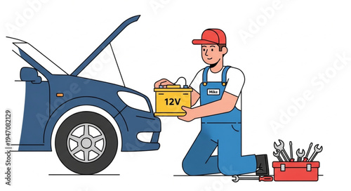 Mechanic with car and tools.