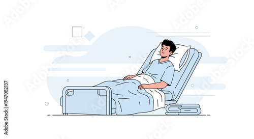Young man resting in hospital bed, medical illustration, healthcare concept