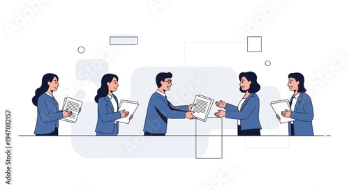 Business People Exchanging Documents in Modern Office Setting