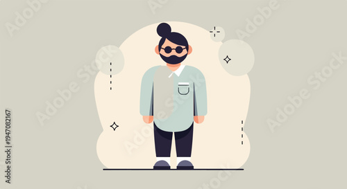 Minimalist illustration of a person with a bun, beard, and glasses