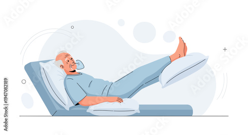 Elderly Man Resting in Hospital Bed with Oxygen Mask and Elevated Legs