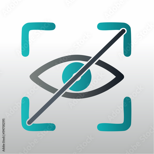 Simple vector graphic illustration representing restricted vision or a privacy concept showing a crossed-out eye within a focus box design element