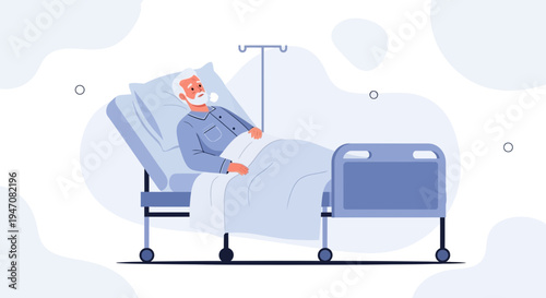 Elderly man in hospital bed with IV drip, medical care, recovery, and healthcare concept