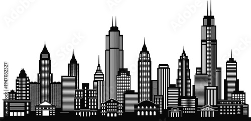 Urban city skyline silhouette with tall skyscrapers and modern downtown architecture isolated on light background, metropolitan business district cityscape illustration for
