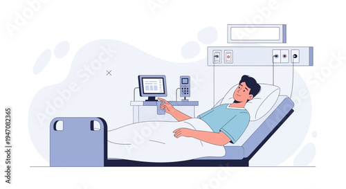 Patient in hospital bed interacting with medical monitor, healthcare technology concept