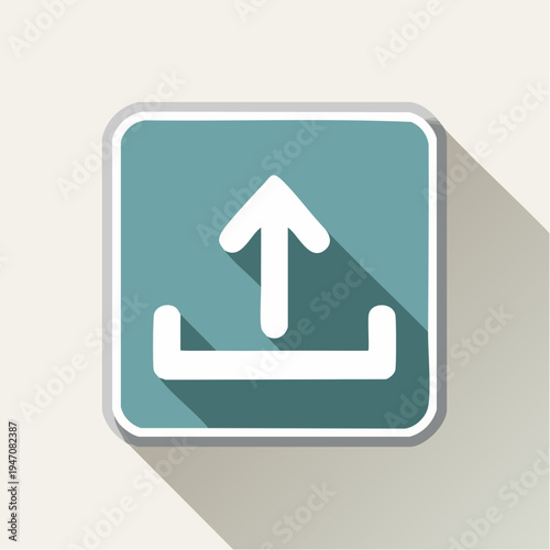 Simple vector graphic illustration representing a flat design upload icon with a long shadow effect on a muted background interface element